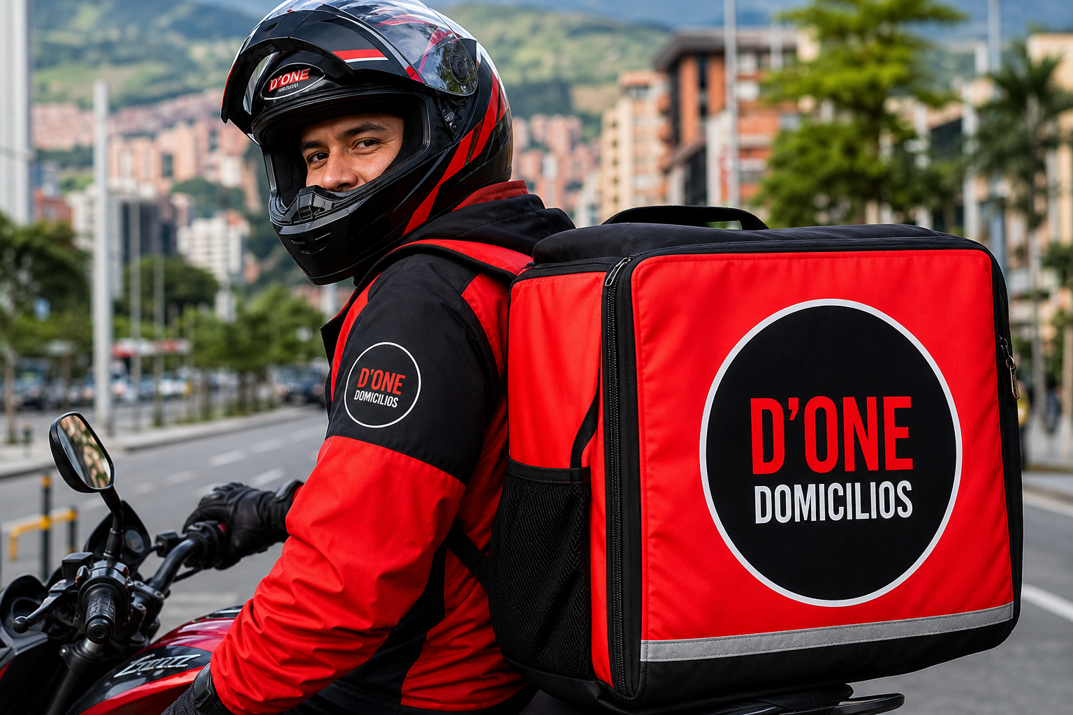 Domiciliario de D'ONE Domicilios entregando pedidos en Medellín